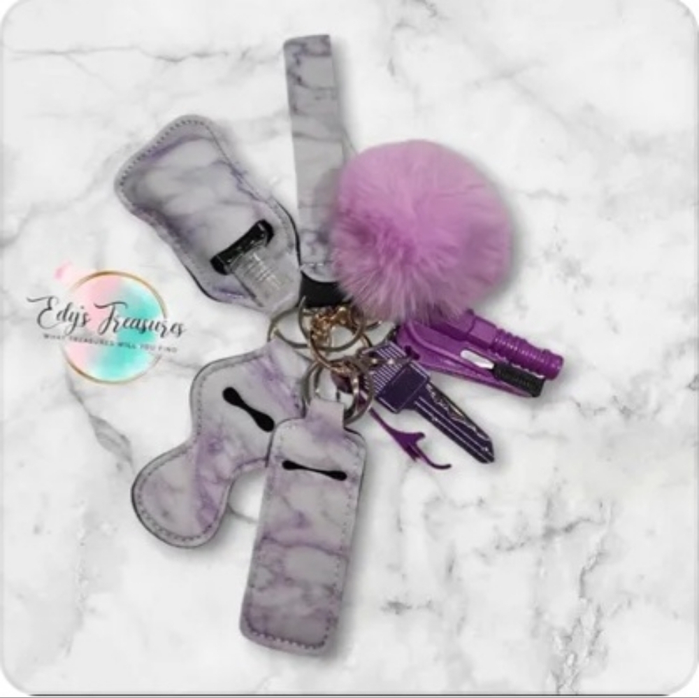 10-Piece Purple Marble Keychain Set Pom Pom Wristlet Accessories New